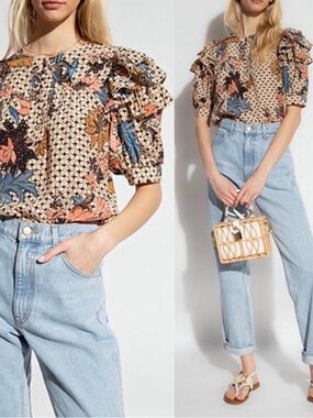 Ulla Johnson Nova Silk Blouse in Jasmine Print Size 10 EUC Blue & Cream Multi